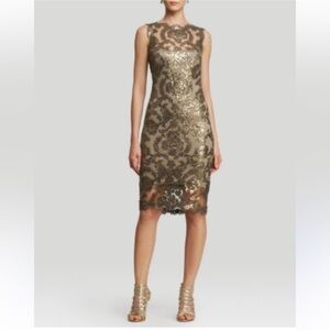 Tadashi Shoji Sleeveless Illusion Neckline Sequin Lace Sheath - Bronze Taupe 14